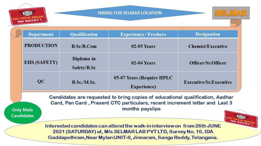 Job Availables, Selmar Lab Pvt. Ltd Walk-In Interviews for Production / QC / EHS(Safety) Department