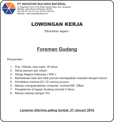 Lowongan PT Indostar Building Material Januari 2016