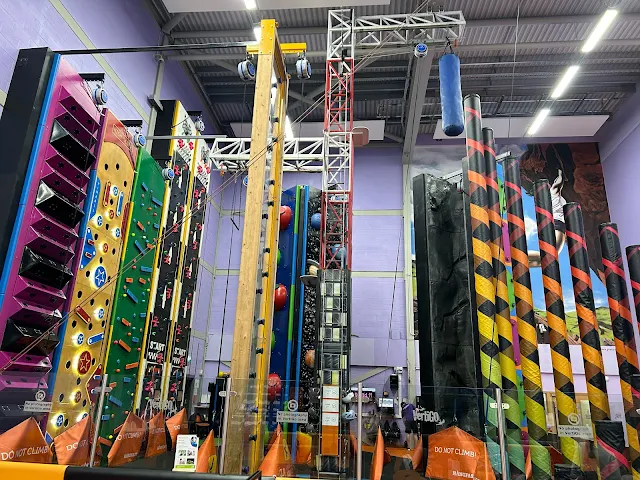 A view of the climbing walls and Leap of Faith at Harlow Leisurezone