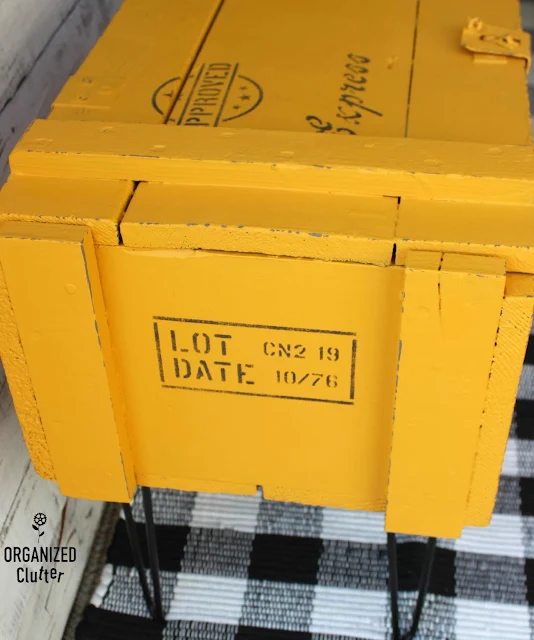 A Colonel Mustard Shipping Crate Table with Old Sign Stencils #oldsignstencils #stencil #repurpose #shippingcrate #crate #garagesalefind #colonelmustard #upcycle