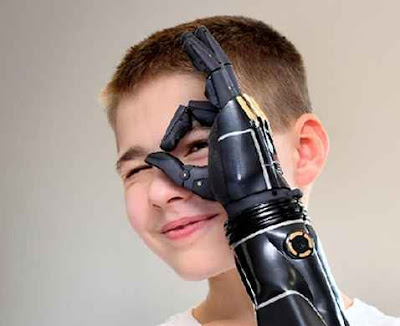 A boy tries to notice far way through bionic arm circle finger