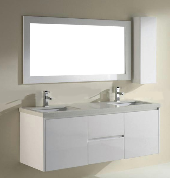 63 inch wide High Gloss White Floating Bathroom Vanity Cabinet with Quartz Countertop