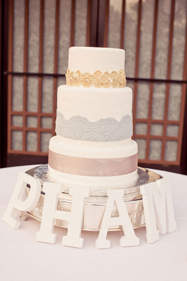 Different pastel colors of lace and even buttons over a white cake look 