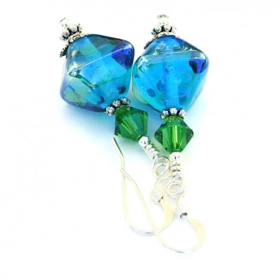 one of a kind aqua lampwork earrings with green Swarovski crystals