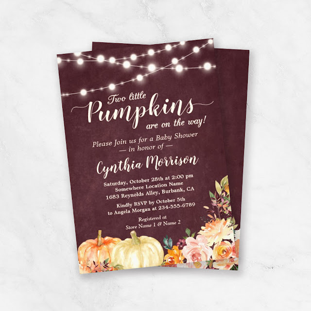 Pumpkin Twins Baby Shower String Lights Floral Invitation