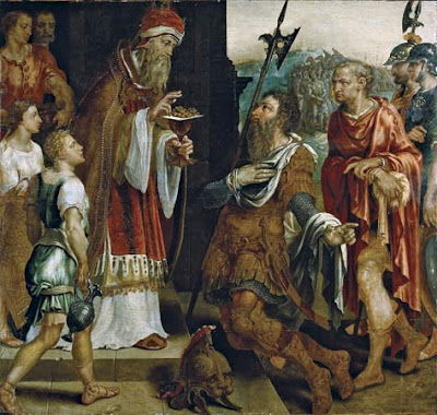 Abraham Receiving the Blessing of Melchizedek, oil on panel by Maerten van Heemskerck, 16th century 
