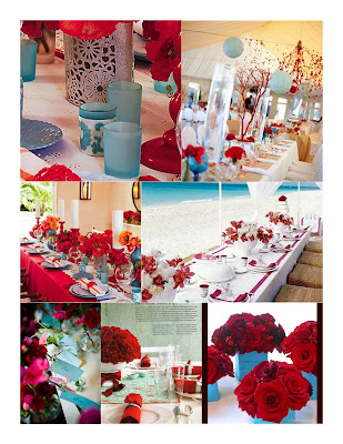 blue wrapped vases filled with luscious red flowers at Project Wedding