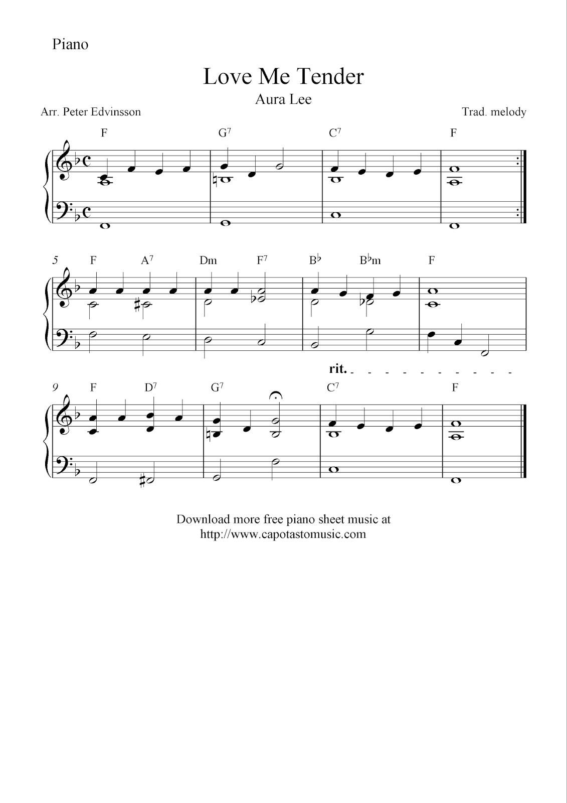 Free easy piano sheet music, Love Me Tender (Aura Lee)