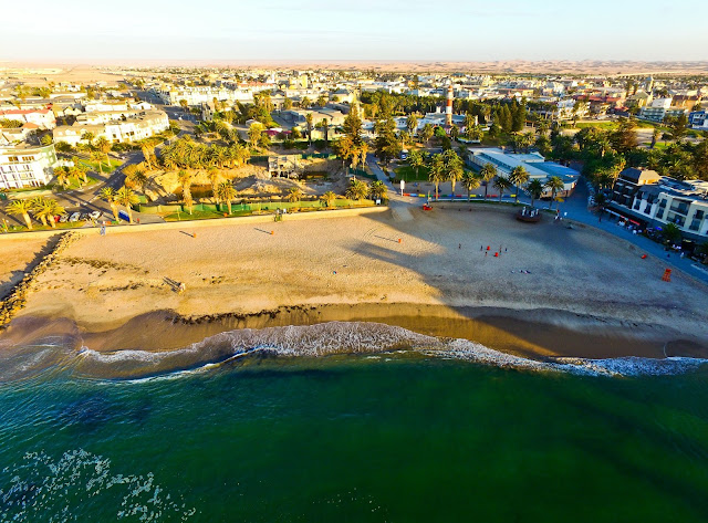 Swakopmund, Namibia: aerial photo of town beach and Strand Hotel