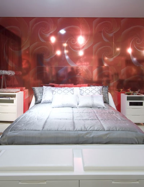 Master bedroom for romantic couples. White, red and gray colors