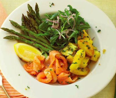 Smoked salmon, Warm Roasted Gremolata Potatoes and Asparagus