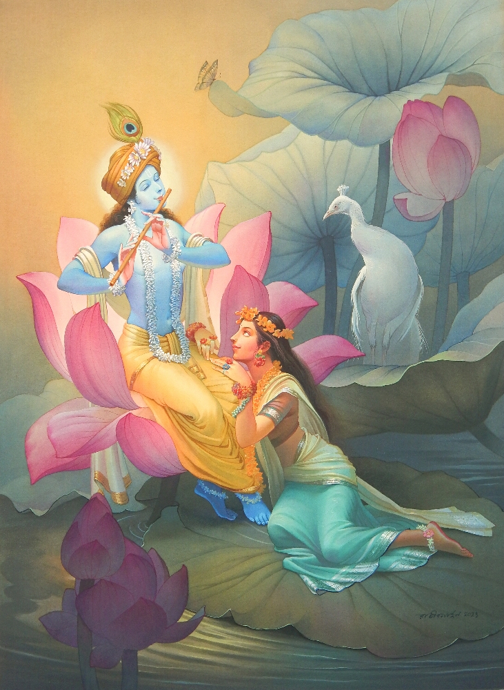 Radha Krishna is doing dance in the lotus garden