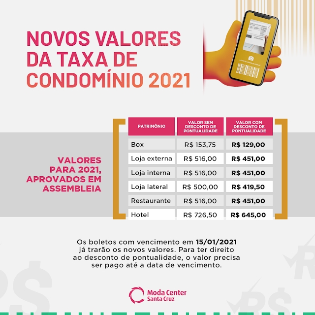 Boletos com valores atualizados da taxa de condomínio do Moda Center estão disponíveis