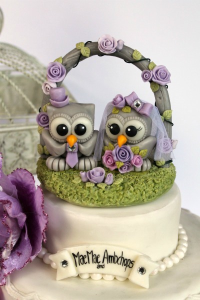 Owl wedding cake topper with floral arch