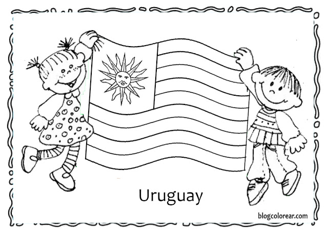 Dibujo pra colorear  de dos niños aguantando la bandera de Uruguay ondeante
