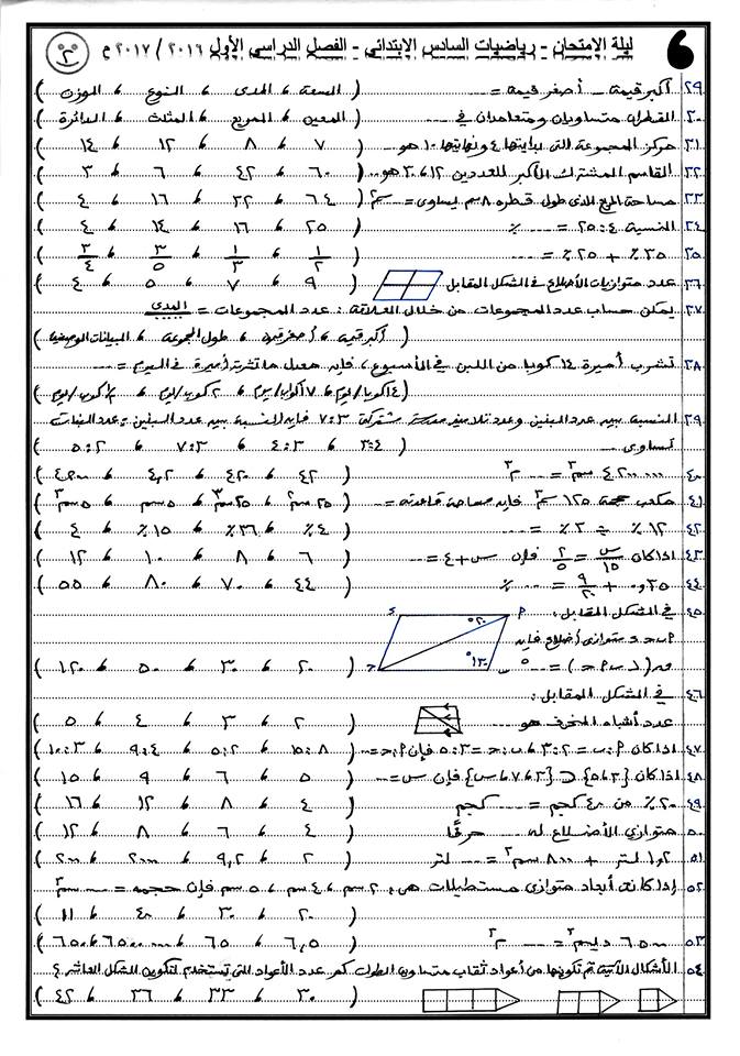 أسئلة الرياضة متوقعة للشهادة الإبتدائية