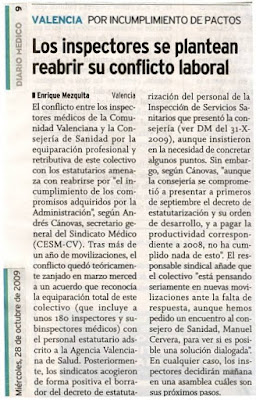 Imagen de la noticia «Los inspectores se plantean reabrir su conflicto laboral», publicada en el Diario Médico de 28/10/09.