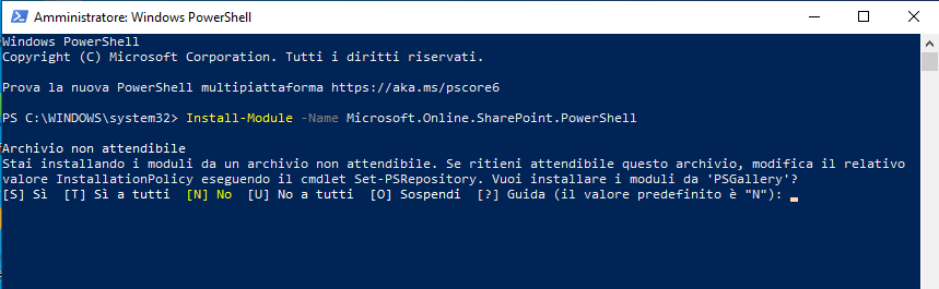 Installa modulo Microsoft.Online.SharePoint.PowerShell