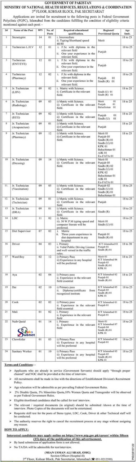 Latest Government Ministry Of National Health Services Regulations & FGPC Jobs
