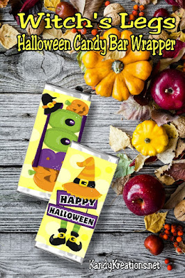 Add a little chocolate wish to your Halloween with this printable Halloween candy bar wrapper.  With cute witch legs and pumpkins, this free candy bar wrapper is a great addition to your Halloween party or to give as a homemade card to all your friends.