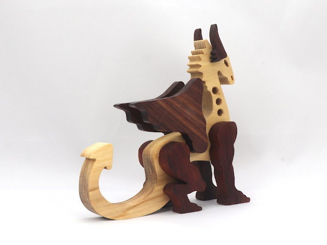 Handmade Wood Toy Dragon Made From Poplar and Walnut Hardwoods