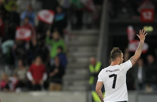 Austria striker Marko Arnautović celebrates after scoring against Ukraine in an international friendly