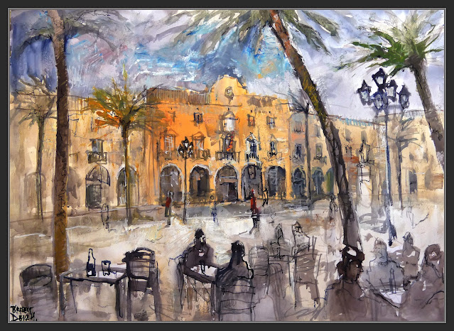 PLAÇA DE LA VILA-PINTURA-ART-VILANOVA I LA GELTRÚ-AJUNTAMENT-PAISATGES-VENT-TERRASSES-PALMERES-GENT-ARTISTA-PINTOR-ERNEST DESCALS