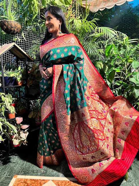 Emerald green and Ruby red Banarasi silk saree