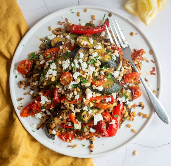 ROASTED MEDITERRANEAN VEGETABLES WITH MIXED GRAINS AND FETA #vegetarian #weeknightdinner