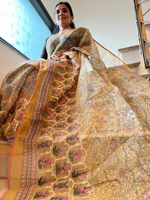 Gold Mustard Silk Chanderi Saree with Embroidery and Kalamkari