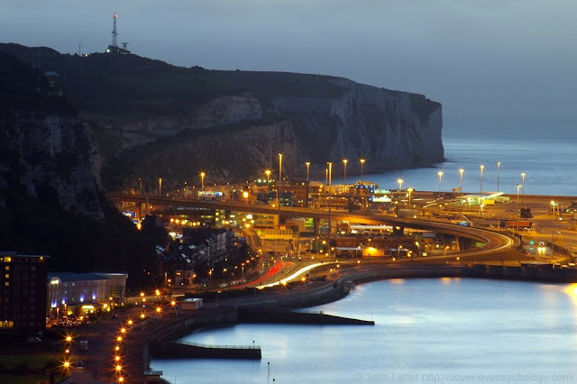 Bounded by the Eastern Armpier, this photo also shows the White Cliffs of Dover with the A" Jubilee Way flyover emanating from Broadlees Bottom. Light trails on the A20. Georgioan houses on East Cliff (Marine Parade).