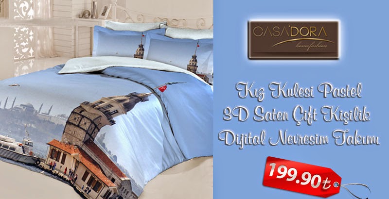  Casa Dora Kız Kulesi Pastel 3D Saten Çift Kişilik Dijital Nevresim Takımı