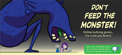 Digital illustration of a large blue monster about to eat an online bully.