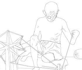 drawing of Gandhi at spinning wheel