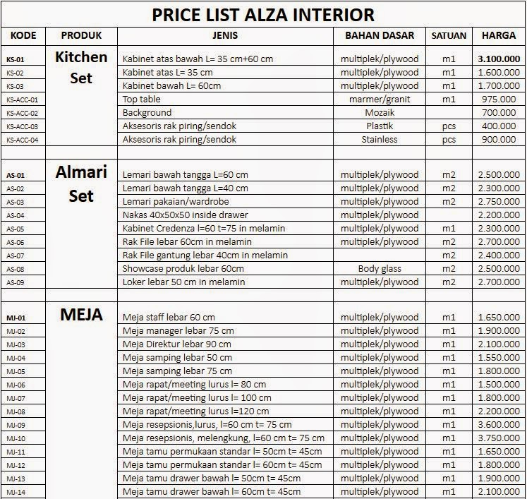 Price list furniture