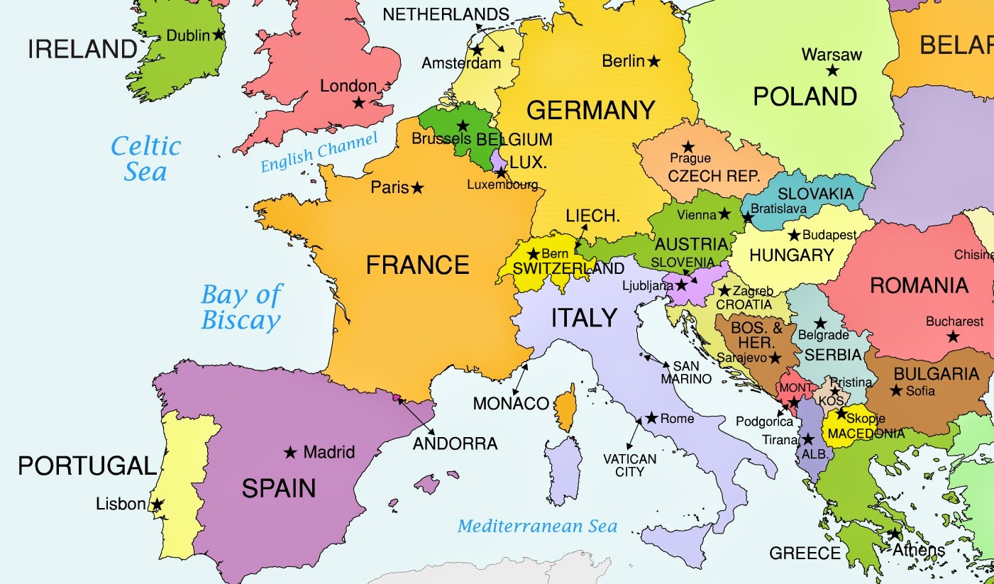 Labeled Western Europe Countries Map