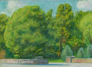 Pastel of trees and a stone wall