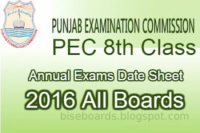 PEC Multan Board 8th Class Date Sheet 2016