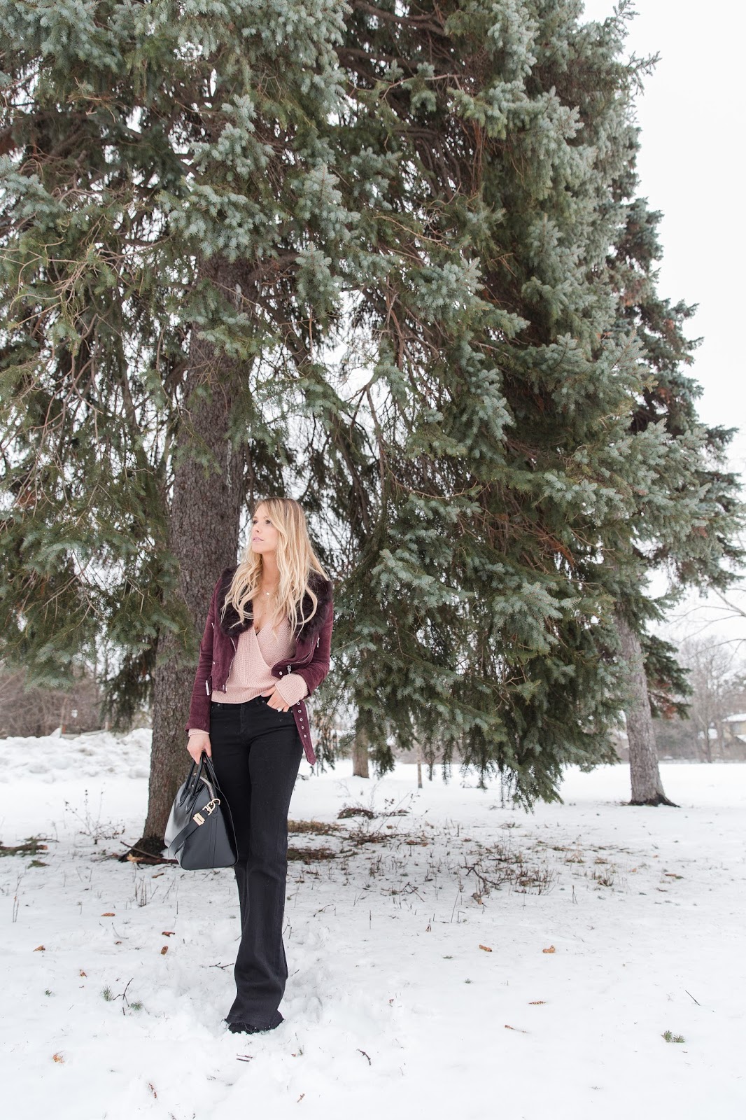 VALENTINE'S DAY OUTFIT WITH A TWIST  |  FLARED PANTS & MOTO JACKET WITH ADDED FUR COLLAR