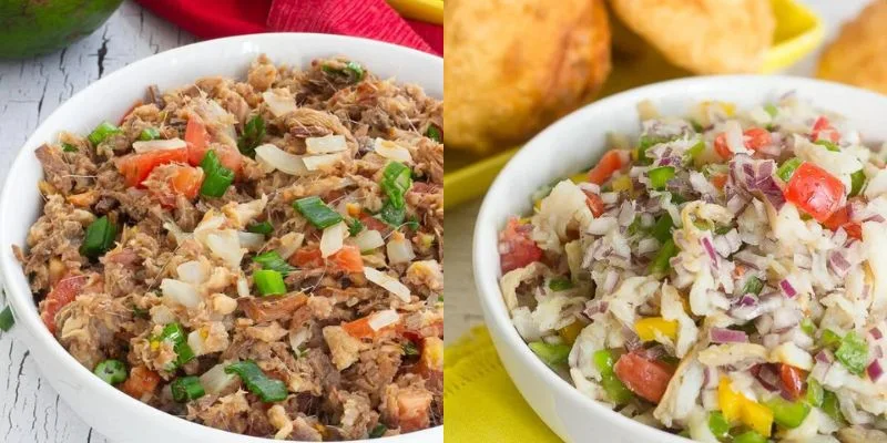 Collage image of food from Trinidad and Tobago that is smoked herring and saltfish buljol.