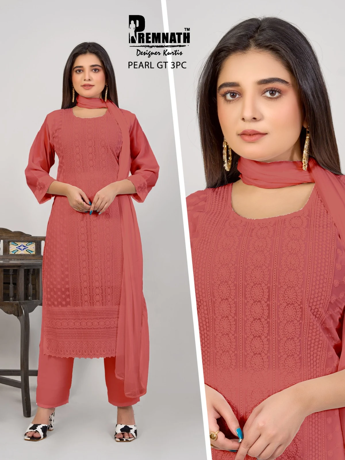 Pearl Gt Premnath Georgette Schiffli Work Readymade Pant Style Suits