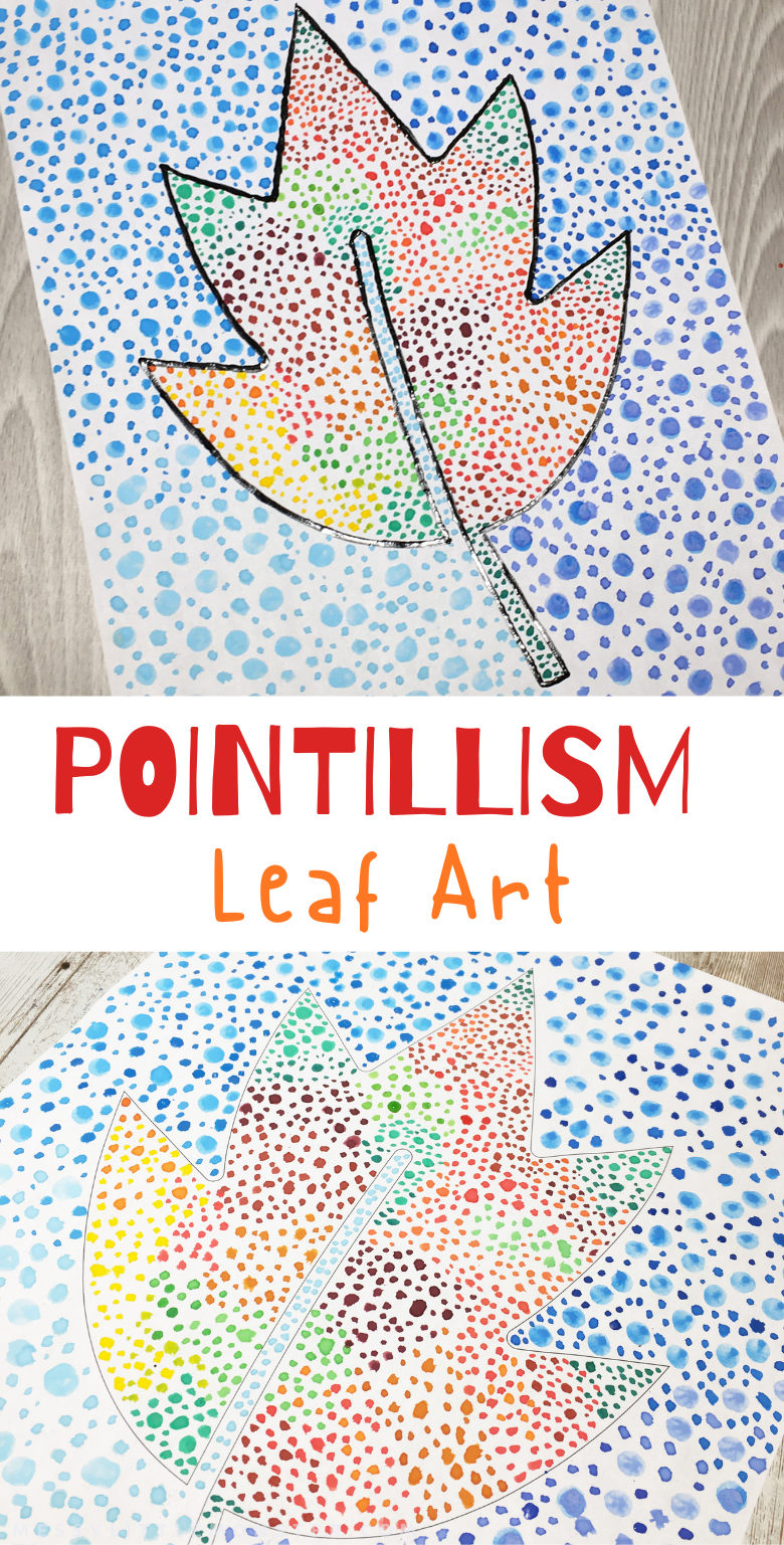 Pointillism art for kids. A fun leaf craft or leaf art project for kids to make as an autumn or fall craft.