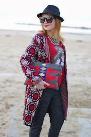 Mohekann Navajo clutch, Zara pinstripe pants, knit coatigan, H&M hat, Fashion and Cookies, fashion blogger