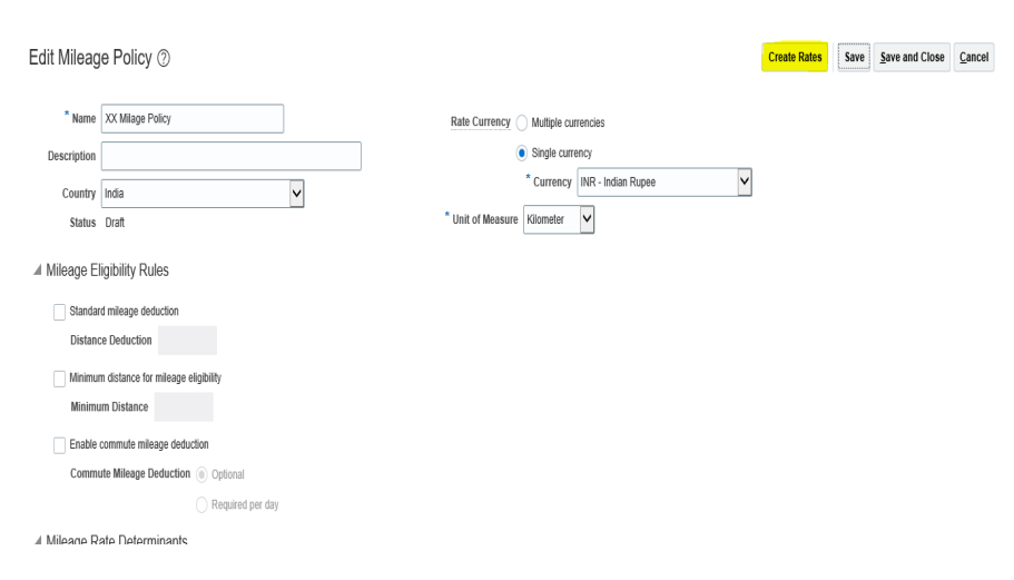 How to define mileage Policy in Oracle Fusion Expense Implementation