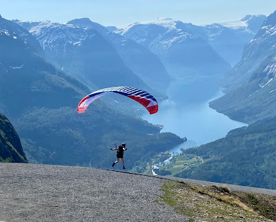 paragliding at the top of Mt. Hoven in Olden, Norway
