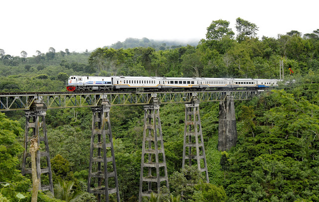 Kereta api melintas di atas rel di wilayah Mrawan, Banyuwangi.