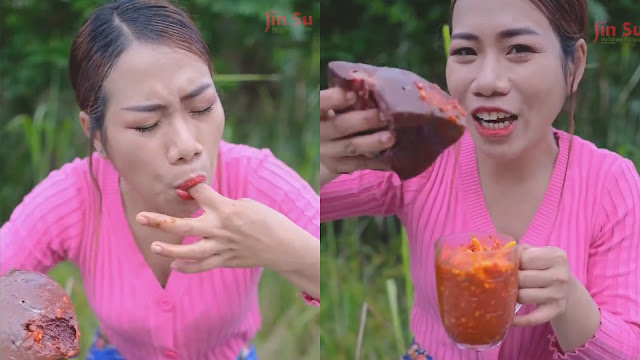 Fresh raw cow liver eating with best chili sauce is yummy for her