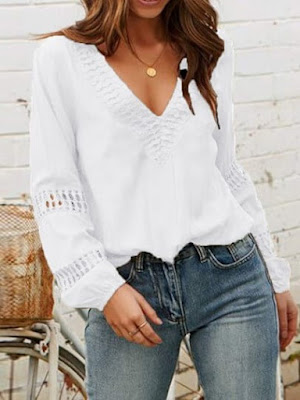 Womens white high neck blouse,V-neck hollow blouse, long sleeve, white blouse