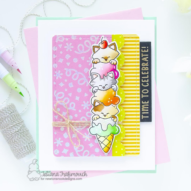 Confetti Birthday card by Tatiana Trafimovich | Newton's Birthday Delights Stamp Set, Birthday Greetings Hot Foil Plate, Banner Duo Die Set,and Birthday Meows Paper Pad and Frames & Flags Die Set by Newton's Nook Designs #newtonsnook #handmade