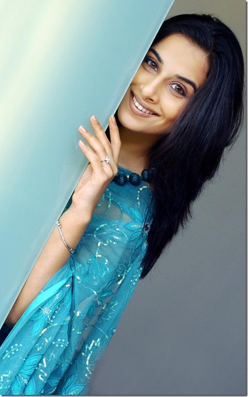 Vidya Balan Cute Transparent Blue Saree Pics